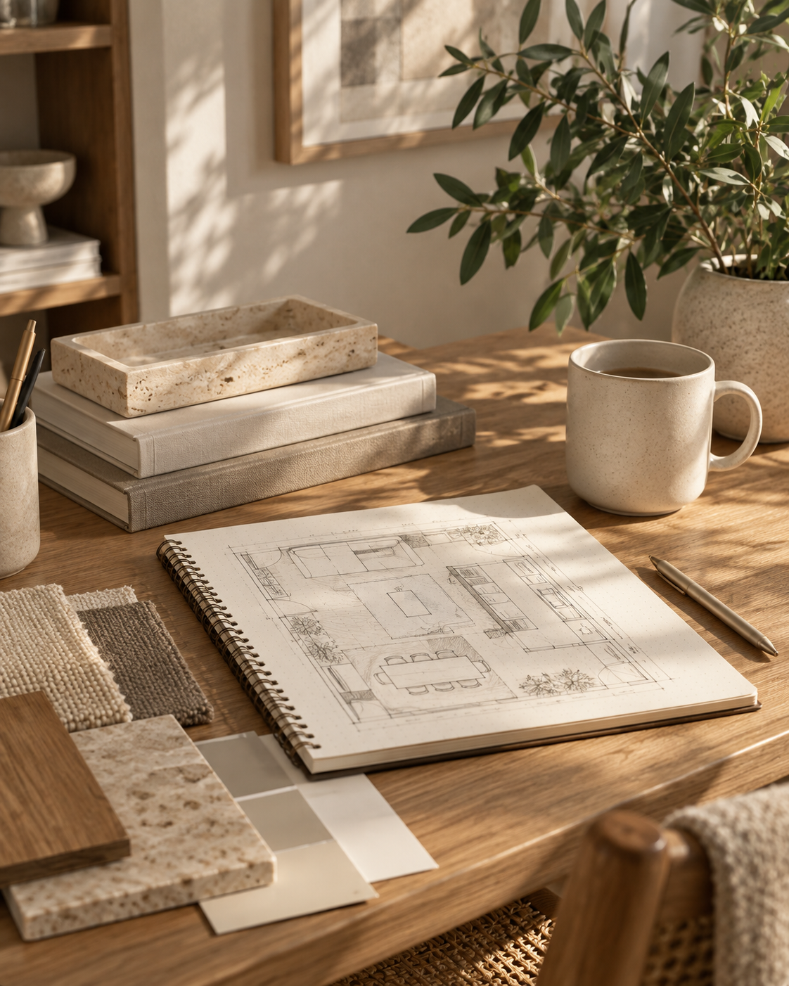 Mesa de trabajo con plano arquitectónico, materiales y muestras de color